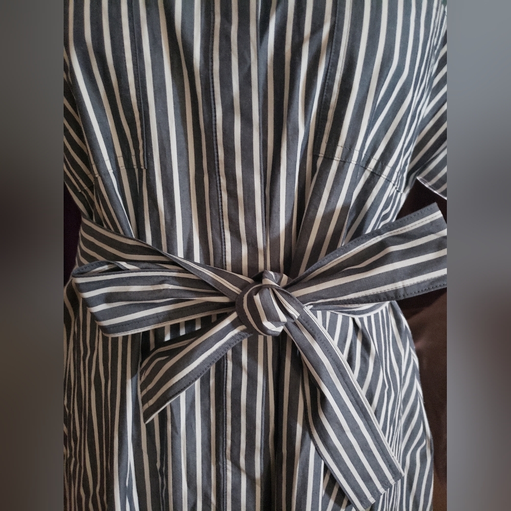 NWT Banana Republic grey- White pinstripe shirt pockets maxi Dress with Belt L